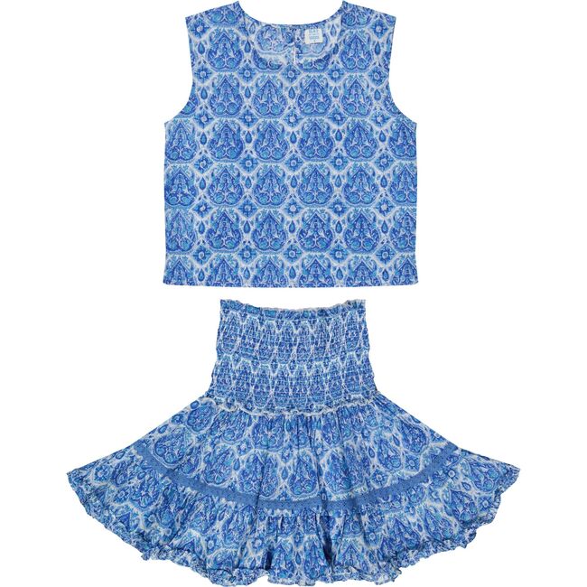 Maribel Cropped Women's Tank and Skirt Set Blue Paisley, Blue