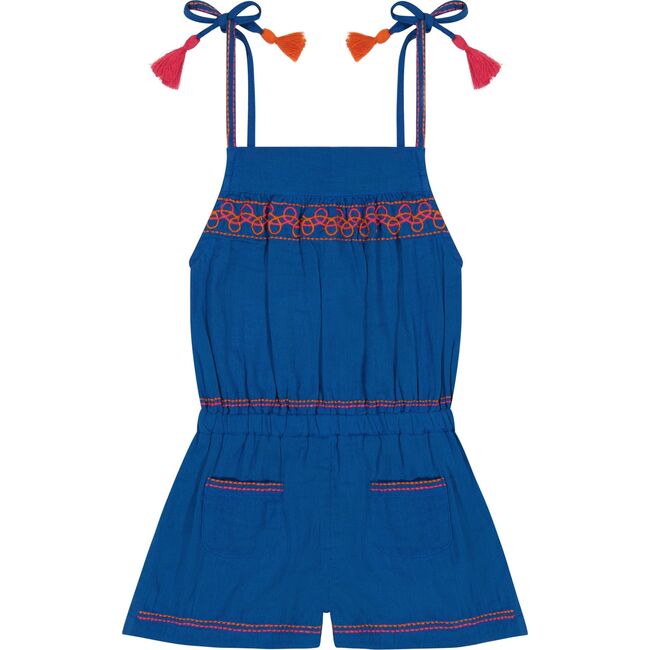 Inez Girl's Shoulder Tie Romper Classic Blue Embroidery, Blue