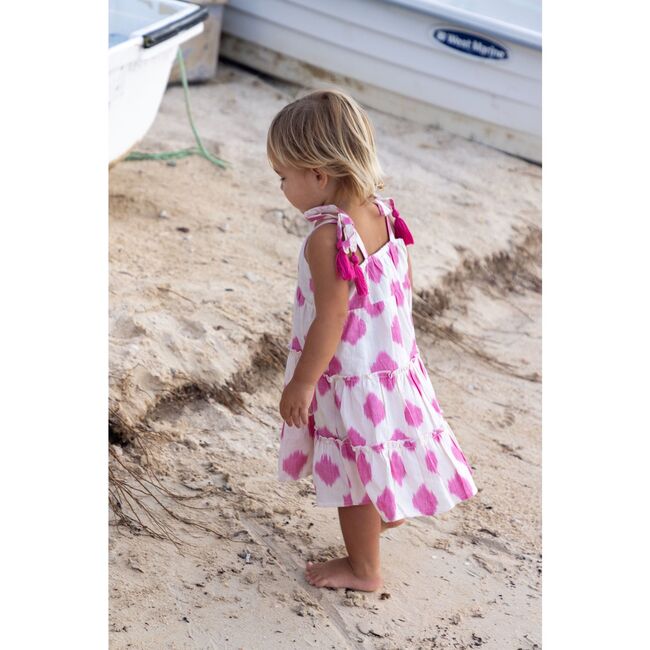 Bella Girl's Shoulder Tie Sundress White Pink Ikat, White - Dresses - 2