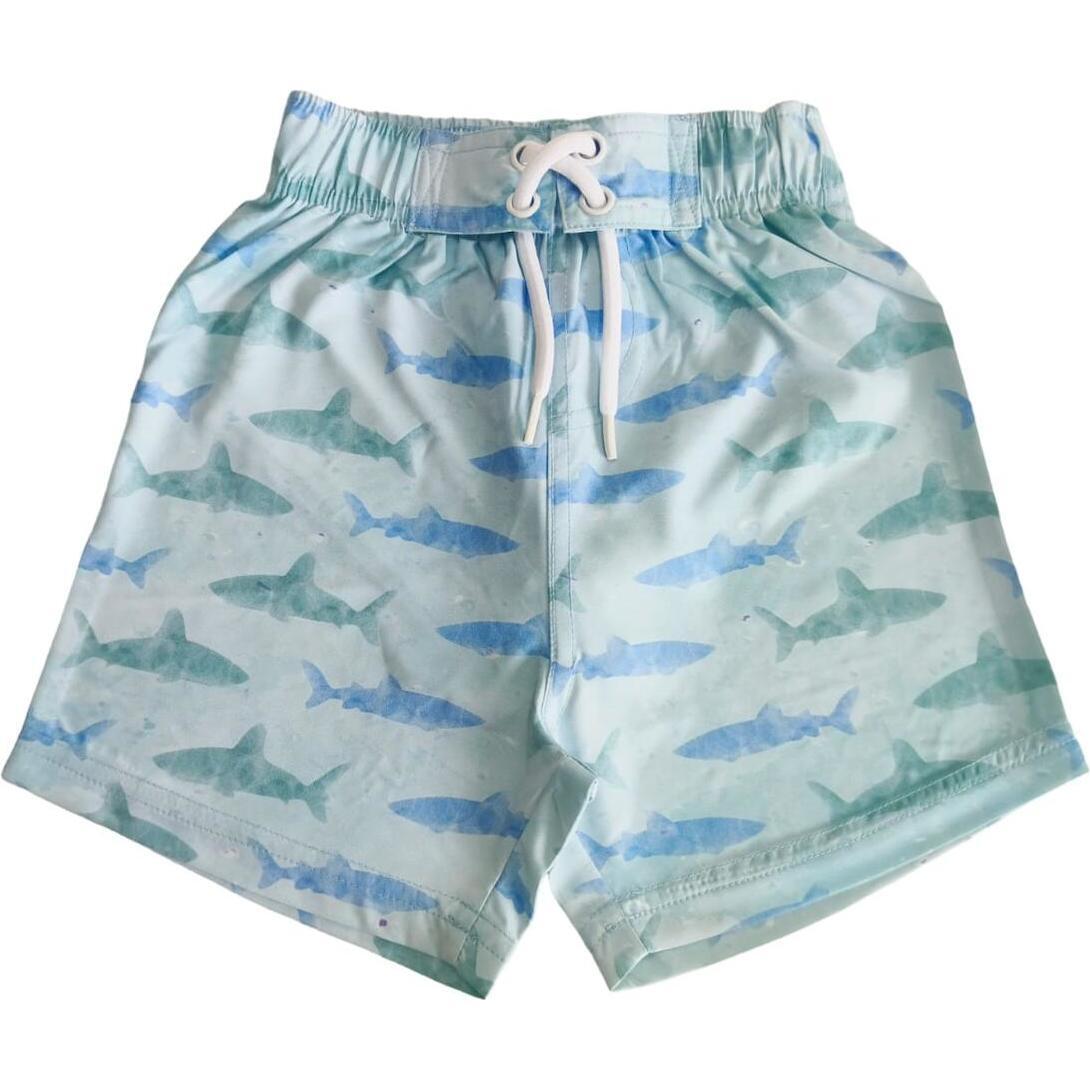 Kids Swim Board Shorts, Watercolor Shark - Swim Trunks - 1