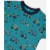 Organic Cotton Two-Piece Short Sleeve Top And Pant Pajama Set, Teal With Yellow Truck - Pajamas - 2