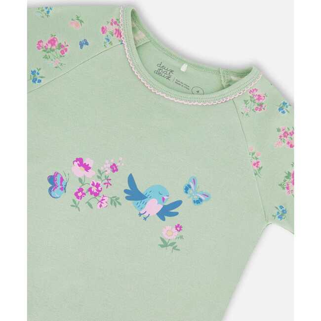 Organic Cotton Two-Piece Short Pajama Set, Small Pink And Blue Flowers On Light Sage - Pajamas - 2