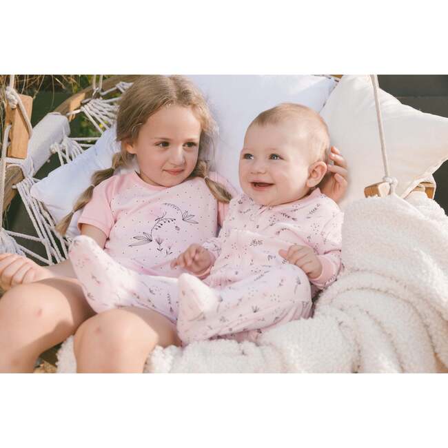 Organic Cotton Two-Piece Short Pajama Set, Small Pink Flowers On Pale Pink Background - Pajamas - 3