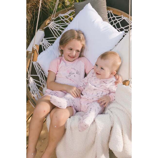 Organic Cotton Two-Piece Short Pajama Set, Small Pink Flowers On Pale Pink Background - Pajamas - 4