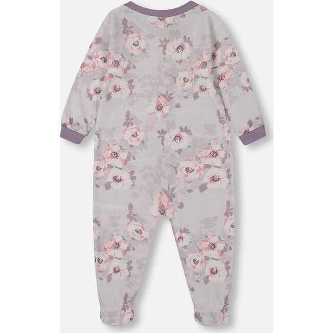 Organic Cotton One-Piece Pajama, Pale Pink Flowers On Neutral Lilac - Pajamas - 2
