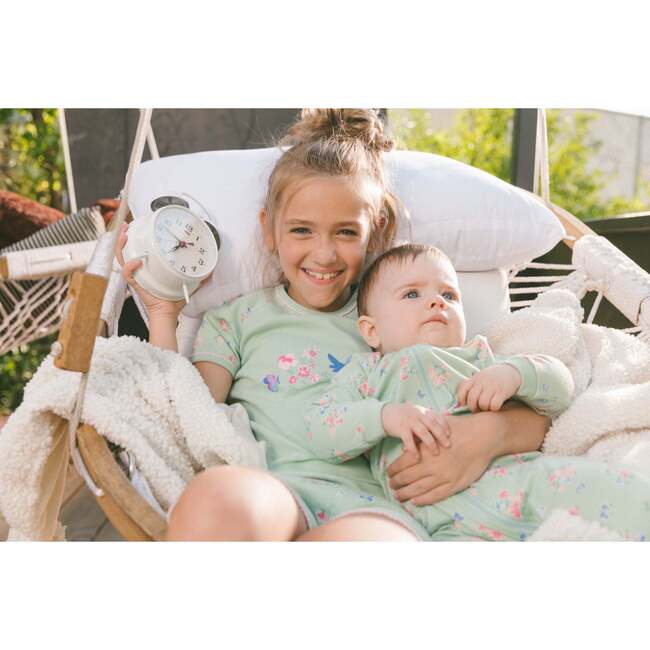 Organic Cotton Two-Piece Short Pajama Set, Small Pink And Blue Flowers On Light Sage - Pajamas - 4