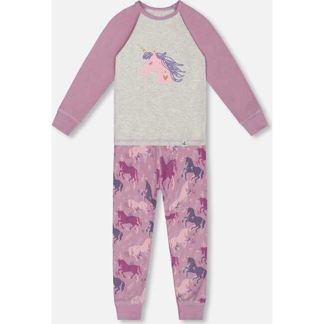 Unicorns Print Organic Cotton 2-Piece Pajama Set, Mauve - Pajamas - 1