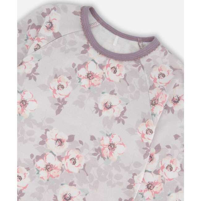 Organic Cotton Long Sleeve Top And Pant Pajama Set, Pale Pink Flowers On Neutral Lilac - Pajamas - 2
