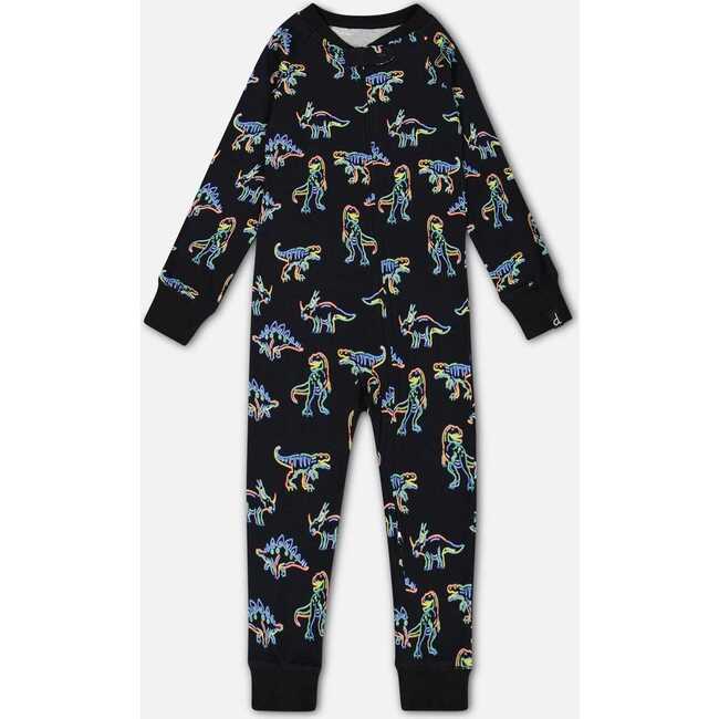 Neon Dino Print Organic Cotton One-Piece Pajama, Black - Pajamas - 1
