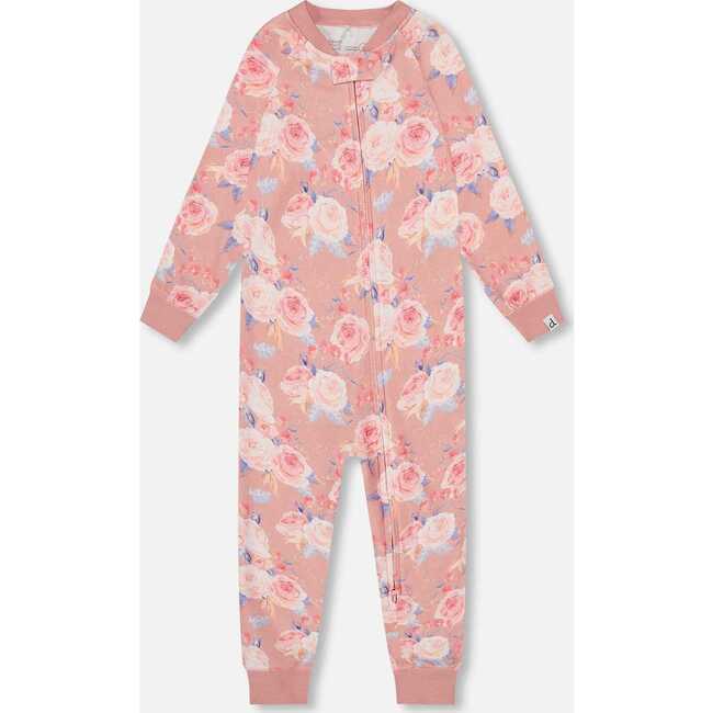 Roses Print Organic Cotton One-Piece Pajama, Old Pink - Pajamas - 1
