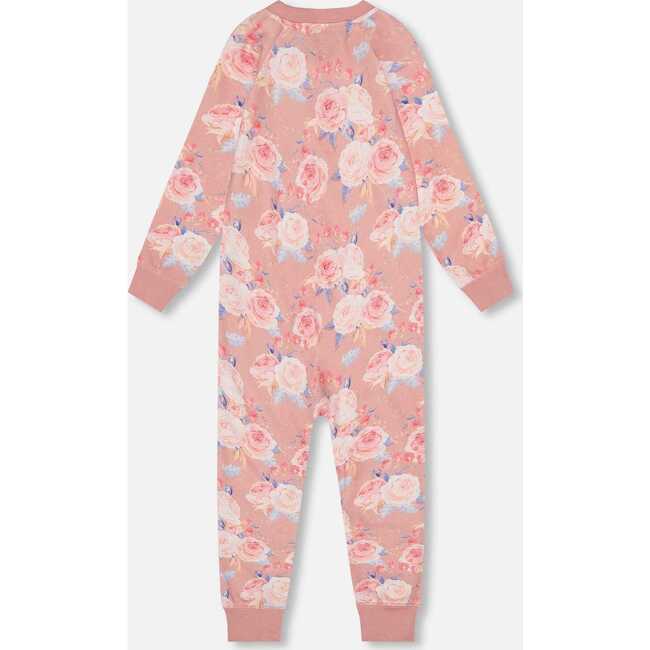 Roses Print Organic Cotton One-Piece Pajama, Old Pink - Pajamas - 2
