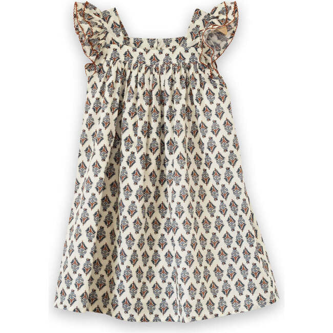 Girls Everly Square Neck Dress, Teal and Brown Jewel Handblock