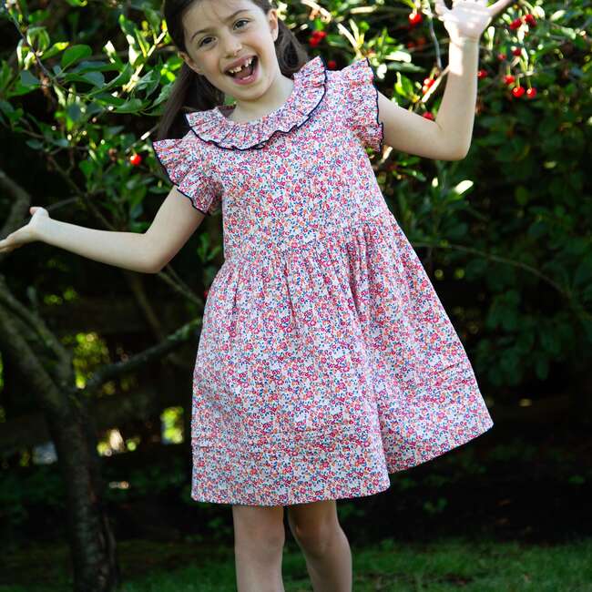 Girls Ana Dress with Ruffles, Red and Blue Floral - Dresses - 3