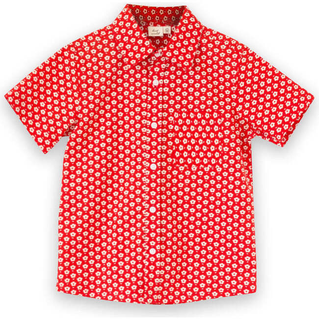 Boys Collar Shirt, Flowers in Brilliant Red