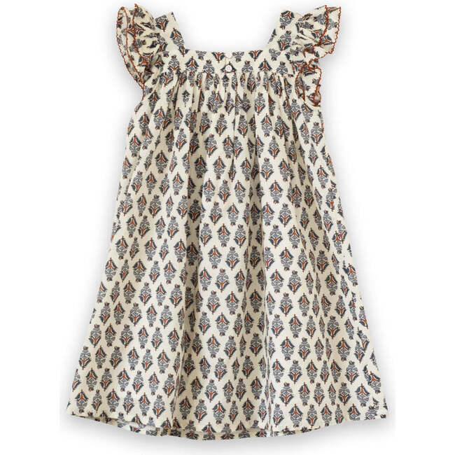 Girls Everly Square Neck Dress, Teal and Brown Jewel Handblock - Dresses - 5