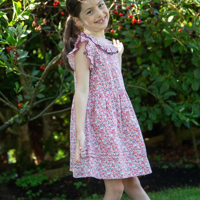 Girls Ana Dress with Ruffles, Red and Blue Floral - Dresses - 7