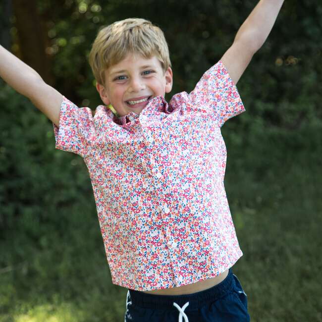 Boys Collar Shirt, Red and Blue Floral - Polo Shirts - 2