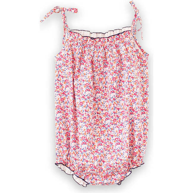 Baby Romper with Smocked Neck, Red and Blue Floral