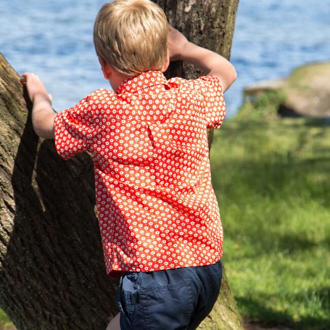 Boys Collar Shirt, Flowers in Brilliant Red - Polo Shirts - 3