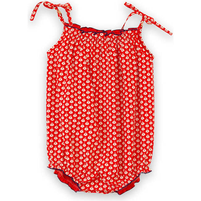 Baby Romper with Smocked Neck, Flowers in Brilliant Red