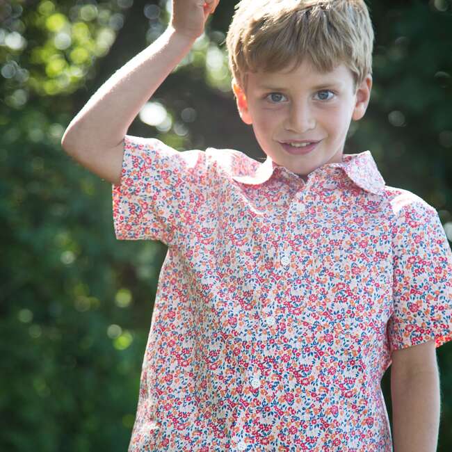 Boys Collar Shirt, Red and Blue Floral - Polo Shirts - 4