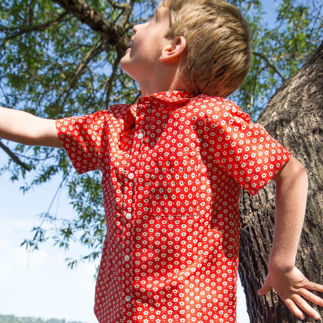 Boys Collar Shirt, Flowers in Brilliant Red - Polo Shirts - 5