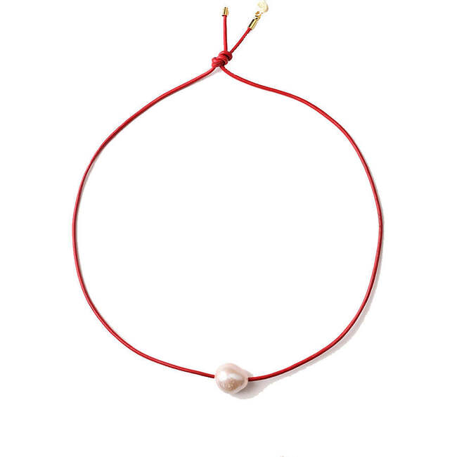 Women's Pearl Leather Cord Necklace, Cherry Red