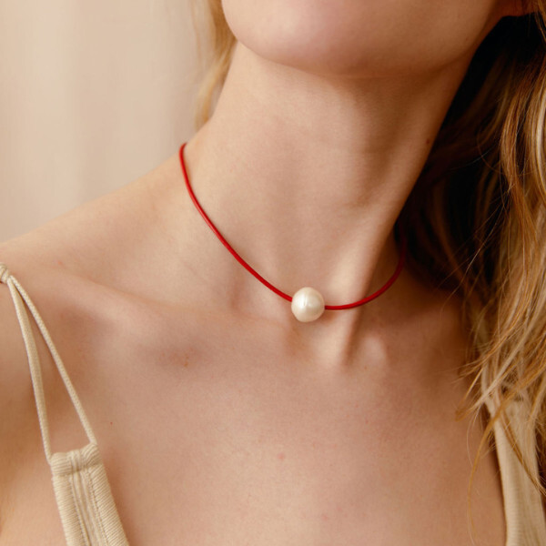 Women's Pearl Leather Cord Necklace, Cherry Red - Necklaces - 2