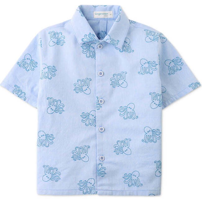 Miguel Button-Down Shirt With Octopus Embroidery, Blue