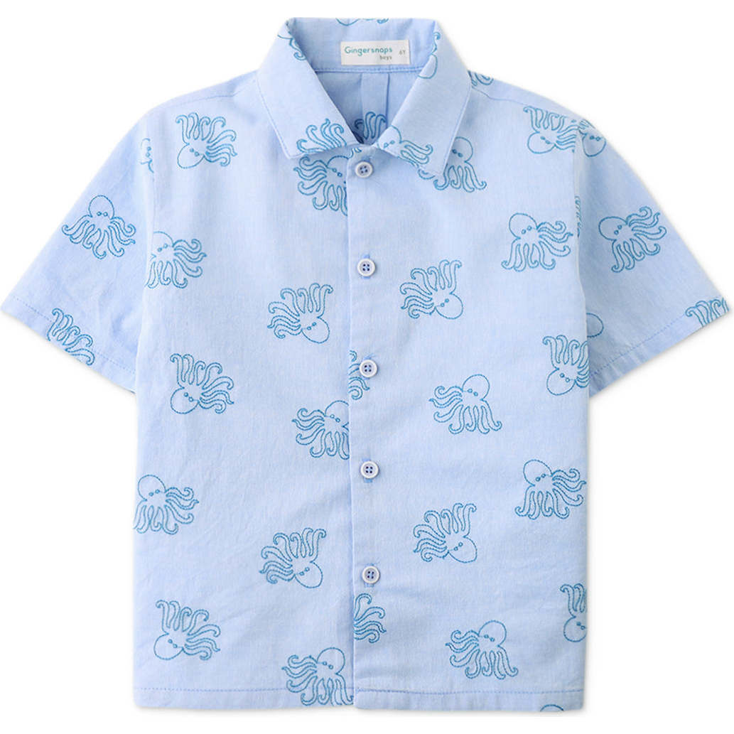 Miguel Button-Down Shirt With Octopus Embroidery, Blue - Button Downs - 1