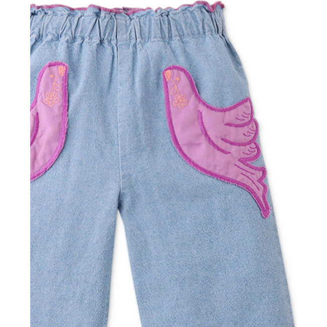 Mini Esme Denim Pants With Bird Patch Pocket, Blue - Pants - 3
