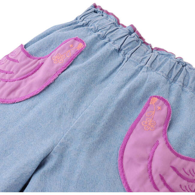 Mini Esme Denim Pants With Bird Patch Pocket, Blue - Pants - 5