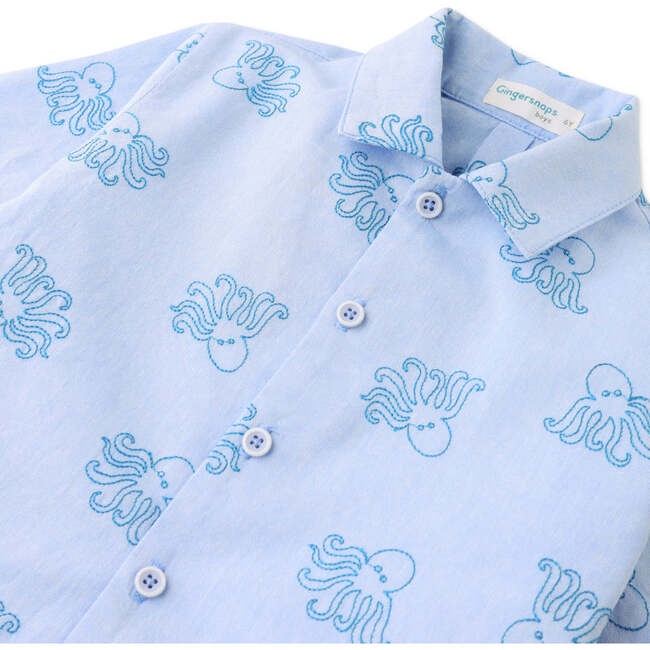 Miguel Button-Down Shirt With Octopus Embroidery, Blue - Button Downs - 5