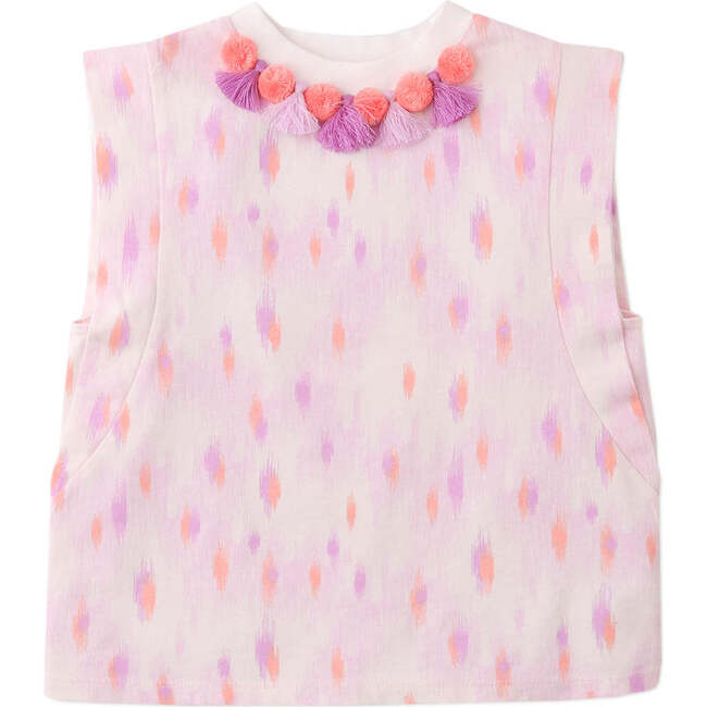 Katya Printed Top With Pom-Pom & Tassels On Neckline, Multicolor