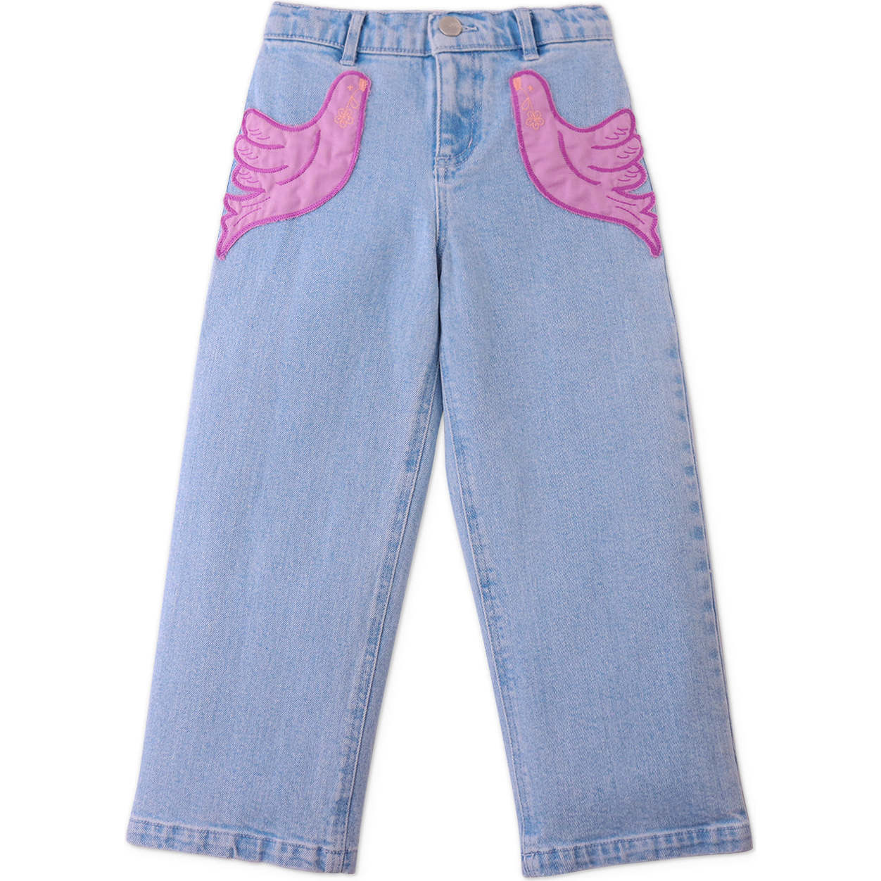 Esme Denim Pants With Bird Patch Pocket, Blue - Pants - 1