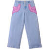 Esme Denim Pants With Bird Patch Pocket, Blue - Pants - 1 - thumbnail