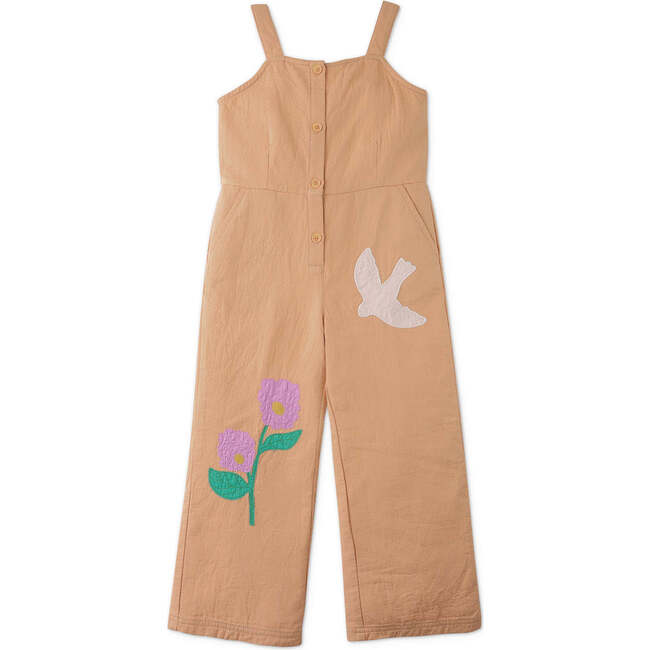 Eunice Strappy Jumpsuit With Front Buttons And Appliques, Tan