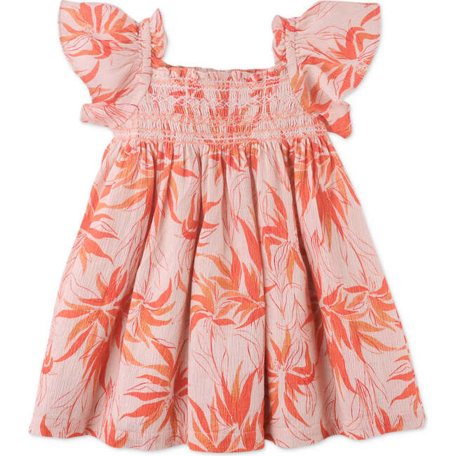 Baby Lillian Dress In Fire Floral Print With Smocking, Orange