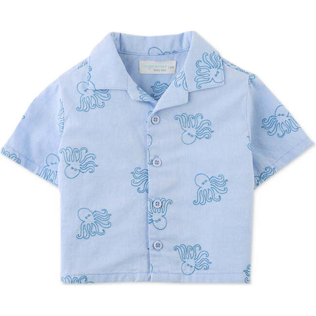 Baby Miguelito Button-Down Shirt With Octopus Embroidery, Blue