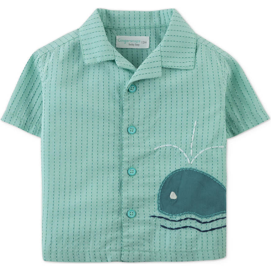Baby Diego Button-Down Shirt With Whale  Applique, Green - Button Downs - 1