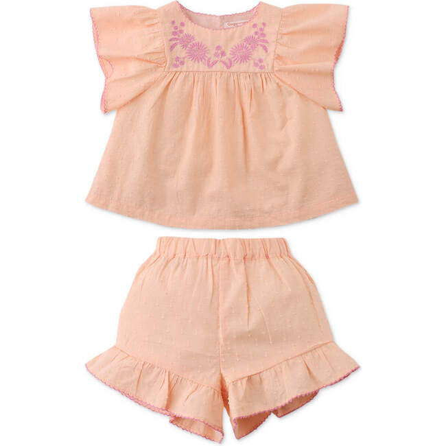 Baby Alana Top And Shorts Set With Floral Embroidery, Peach