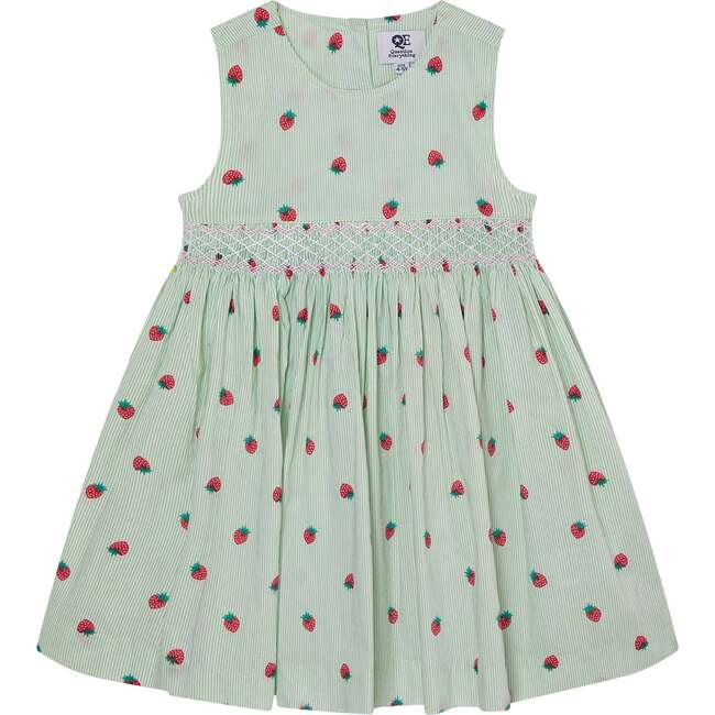 Strawberry Print Girls Dress Elodie, Green & White