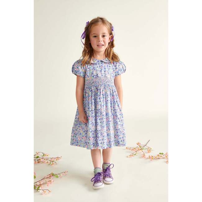 Made With Liberty Fabric Smocked Girls Dress Nereida, Blue Floral - Dresses - 2