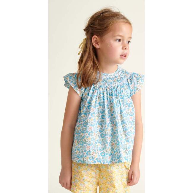 Made With Liberty Fabric Smocked Girls Blouse Soleil, Blue - Blouses - 2