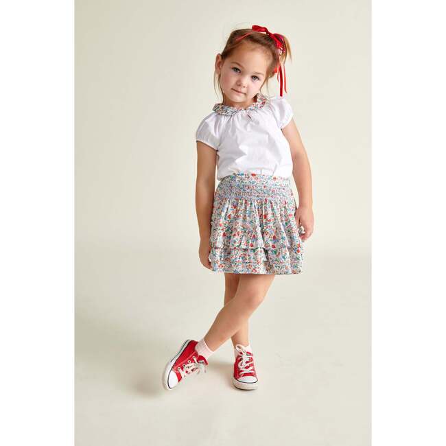 Hand-Smocked Ruffle Skirt Nancy, White Floral - Skirts - 2