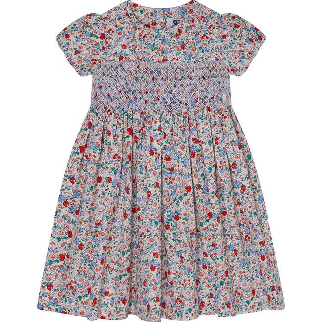 Hand-Smocked Girl Dress Birdie, White, Red & Blue