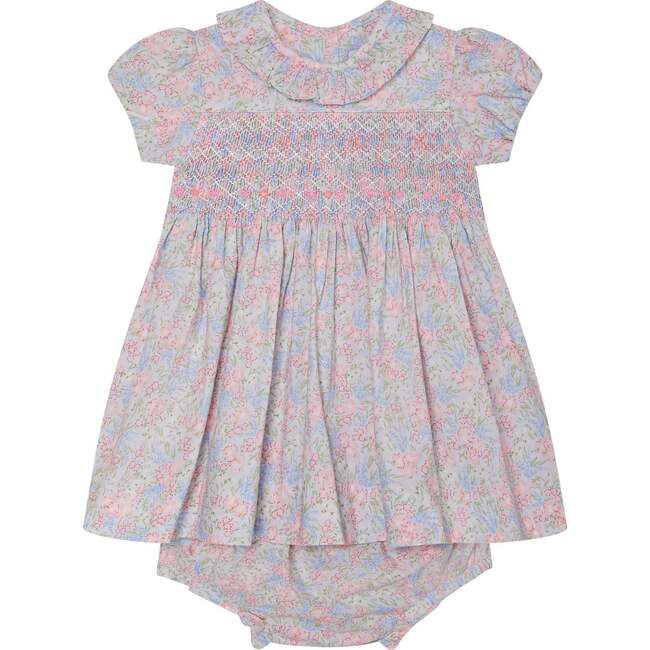 Hand-Smocked Baby Dress, Geranium, White & Pastel Pink