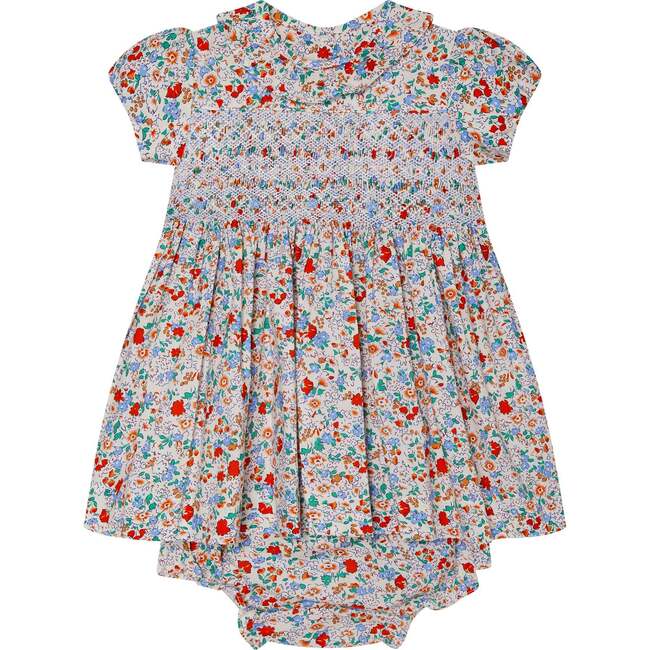 Hand-Smocked Baby Dress Freesia, White, Red & Blue