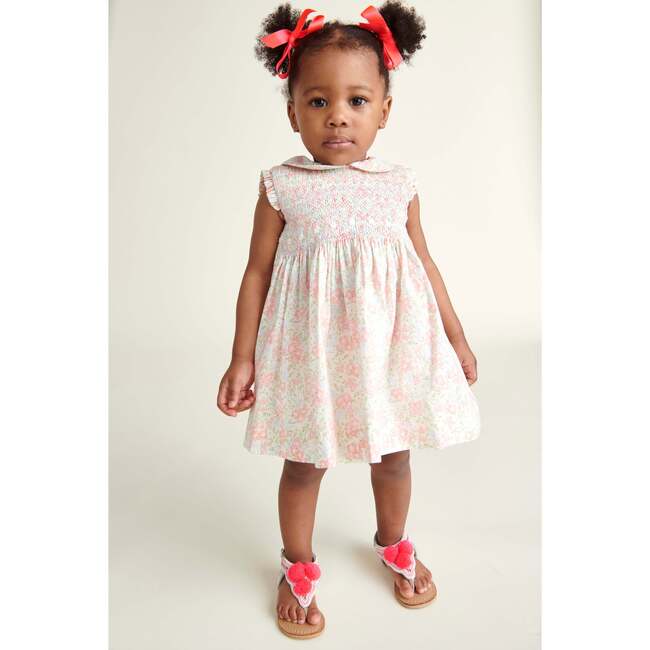 Hand-Smocked Baby Dress Tansy, White & Peach - Dresses - 2