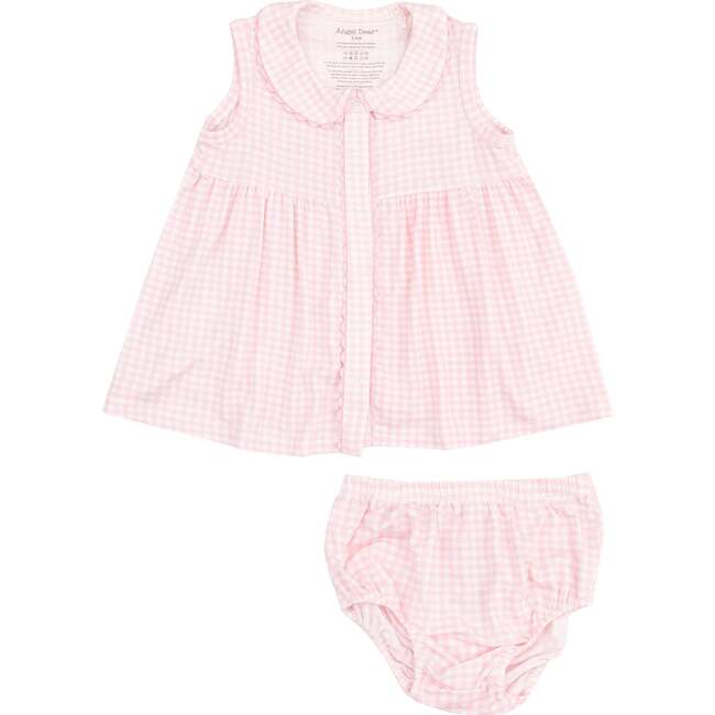 The Jill Peter Pan Button Front Dress with Ric Rac Trim and Diaper Cover, Mini Gingham Pink